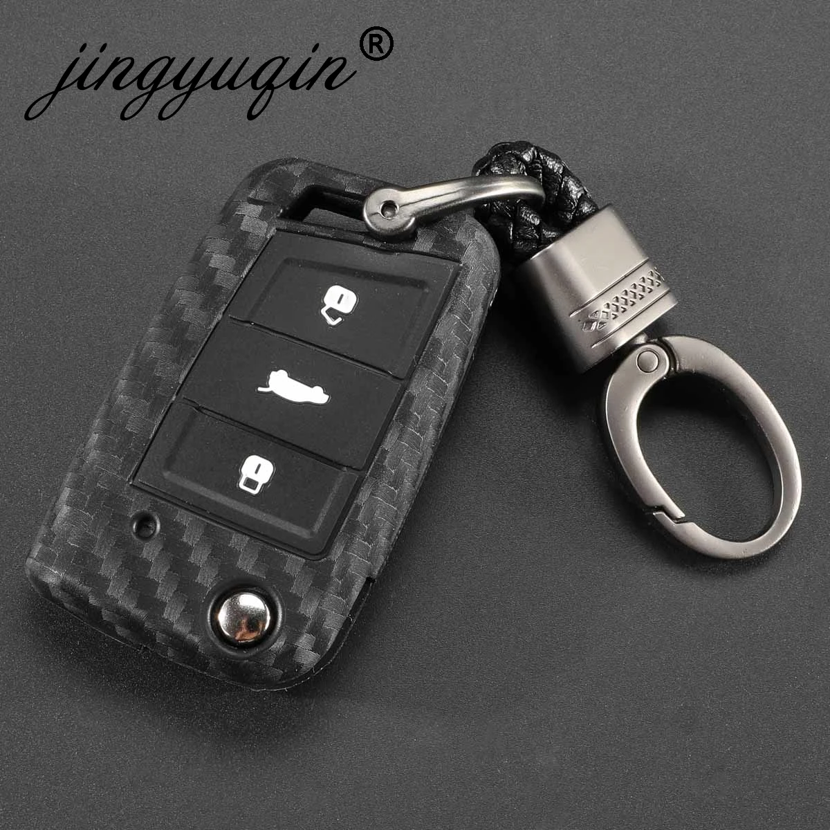 Carbon Silicone Key Case Cover For VW Polo Golf 7 Tiguan Skoda Octavia Karoq SEAT Ateca Leon Ibiza KeyChain Key Ring 2015-2019