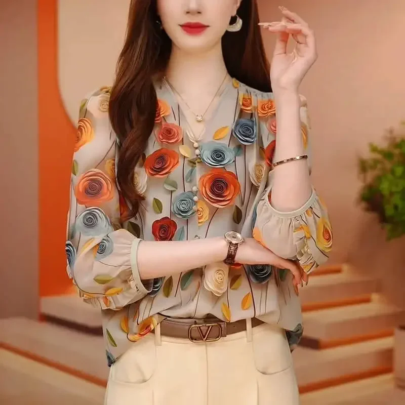 

Casual Women Summer Vintage Floral Print Blouses Korean Fashion V Neck 3/4 Sleeve Elegant Shirts Female Ruffled Loose Chic Tops