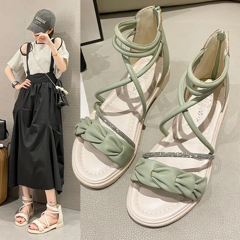 

2024 Fashion Korean Style Women Sandals Flat Shoes Ladies Square Heels Elegant Summer Outside Cross Tied Leather Female Slides