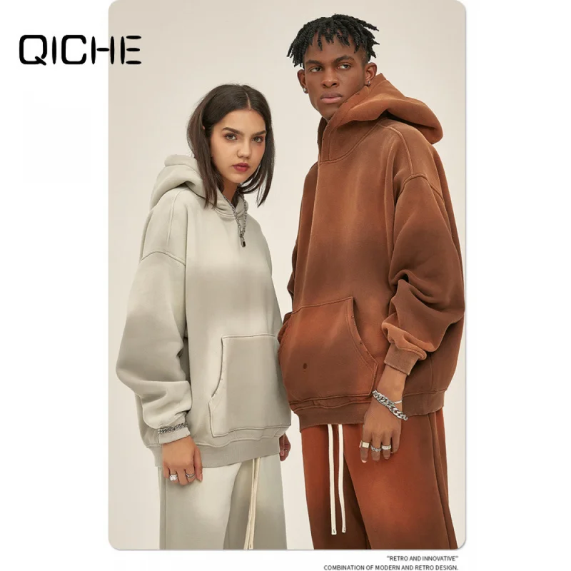QICHE Men 2026 Autumn Winter 360G Spray‑Dye Vintage Washed Thick Hooded Sweatshirt And Pants Two‑Piece Trendy Outfit