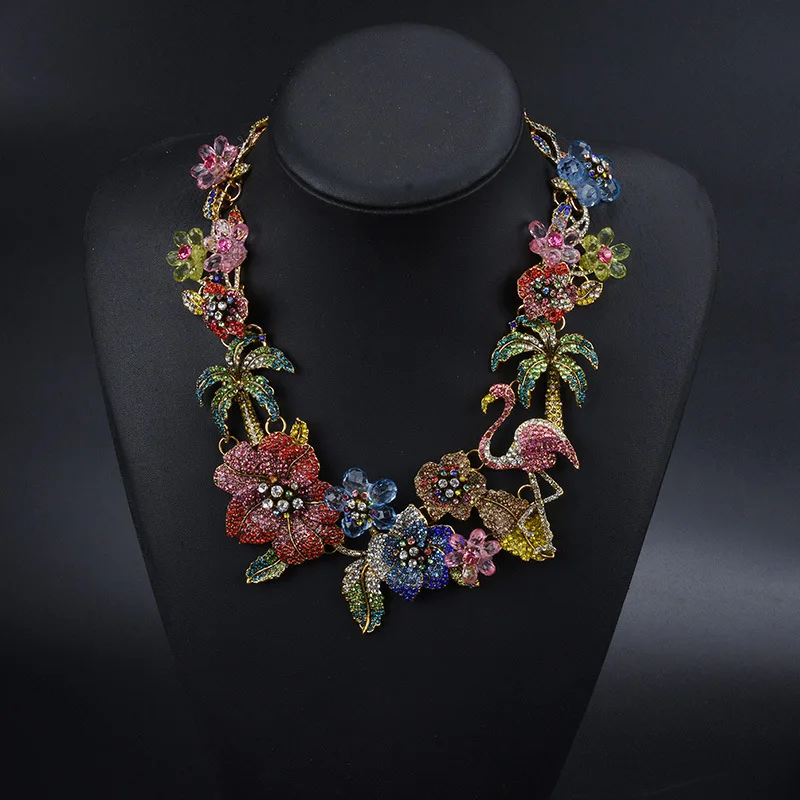 

Hawaiian Jewelry Accessories Rainbow Crystal Rhinestone Chunky Statement Garden Flower Flamingo Coconut Tree Necklace for Women