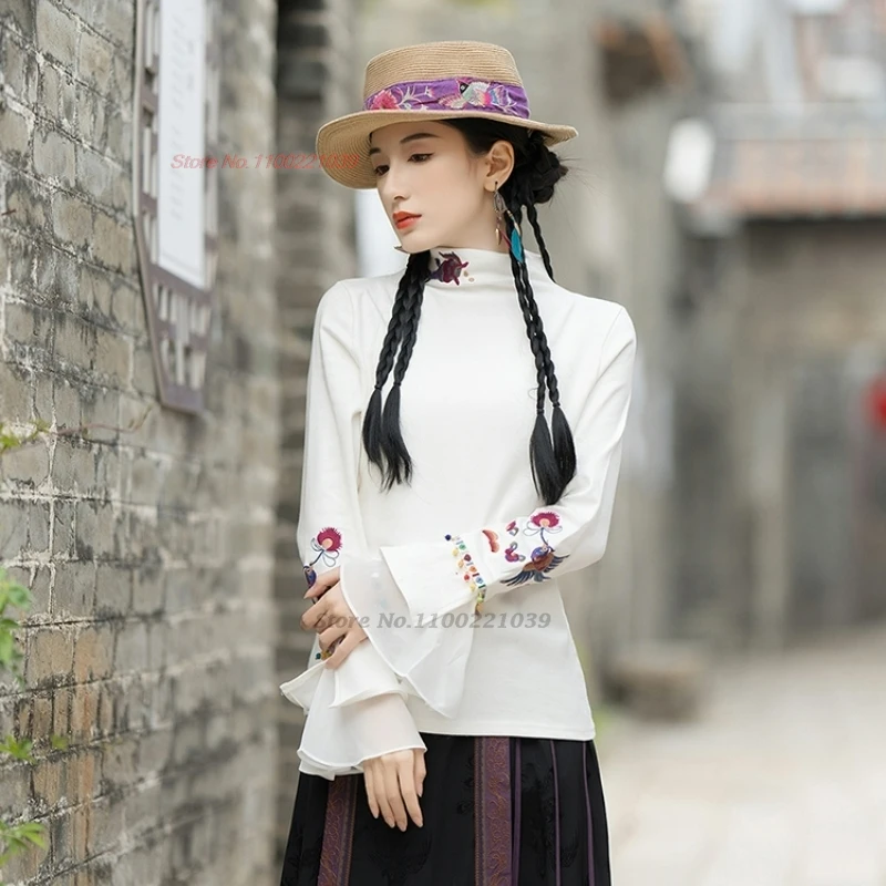 2025 chinese traditional t-shirt national flower embroidery shirt vintage hanfu tops ethnic streetwear stand collar base shirt