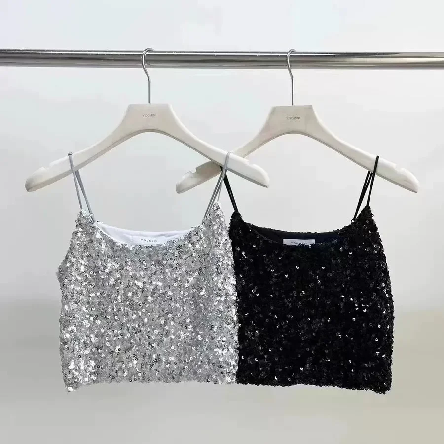 Korean bling crop top kids clothes hip hop dance streetwear 3 to 16 years baby girls tan top suspender strap shiny sequin vest