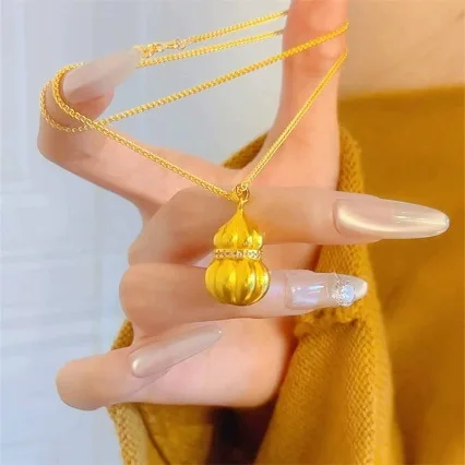 

Women's 24K Gold (AU999) Diamond-Encrusted Pumpkin Tassel Pendant | Solid gold 3D pumpkin, chiseled vine with micro-diamonds