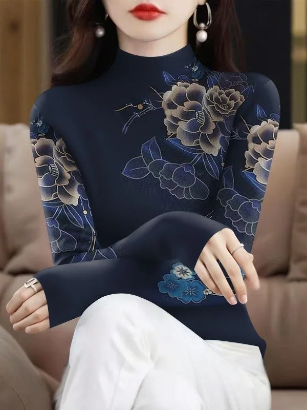 

Thickened Fleece Long Sleeve Floral Print Half High Collar Base Shirt Women Middle Aged And Elderly Anti Aging Belly Cover Top