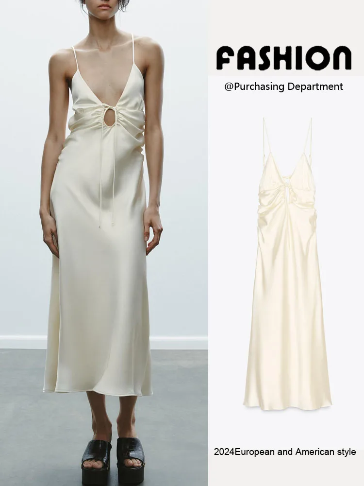 섹시한 백리스 스트랩리스 실크 새틴 느낌 드레스 ZA2025 봄 신상 여성용 하이웨이스트 롱 가운 브이넥 민소매