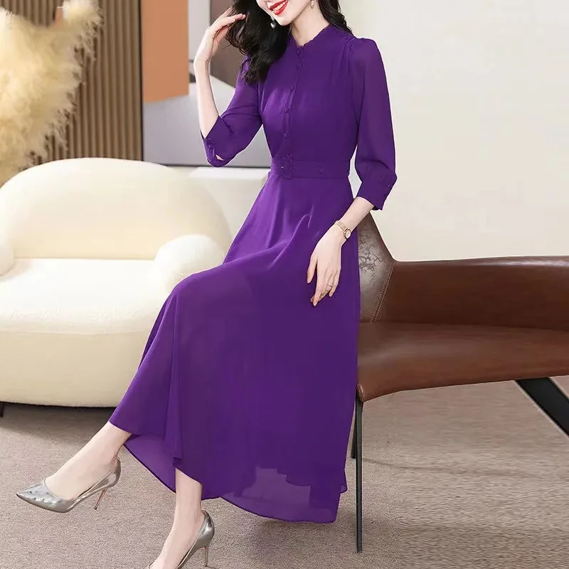 Dress Women Casual Vintage Three-Quarters Sleeve Summer Dress High Quality Vestidos Boho Style Ladies Party Mid Long Dress 2025