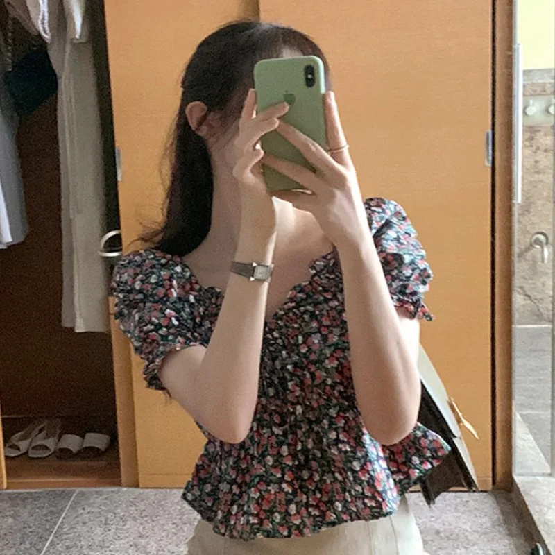 Korean Chic Summer 2024 New Fashion Floral Print Blouse Short Tops Women Short Puff Sleeve Square Collar Shirt Clothes 8108