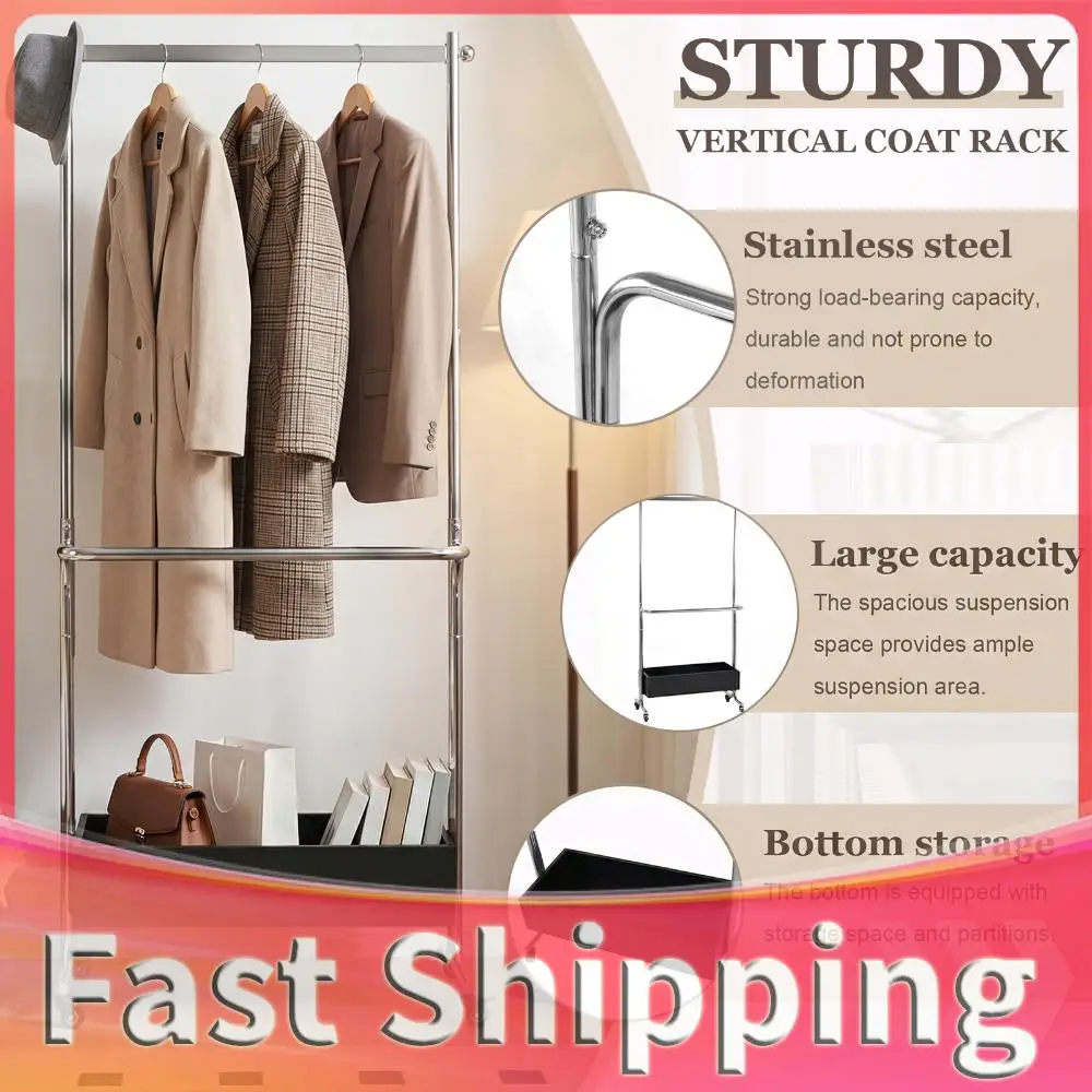 

Small Clothes Rack With Wooden Storage Box Floor Display Coat Racks Stainless Steel for Hanging Clothes Garment Wallets Hats