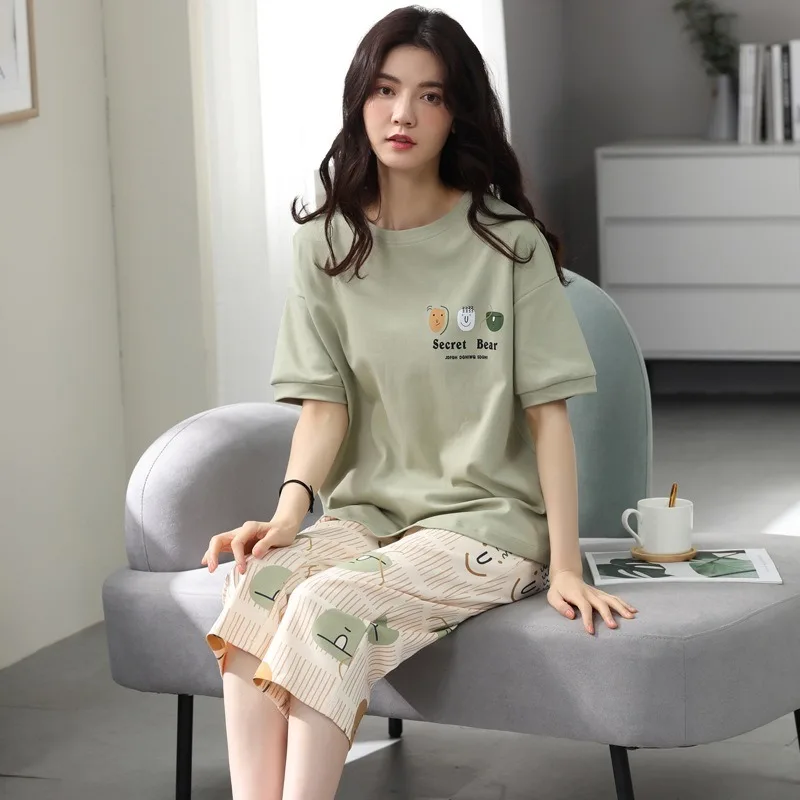 Women Sleepwear Half-Sleeve Seven-Quarter Trousers Student Nightwear Homewear Set Round Neck Cartoon Ladies Pajamas Loungewear image 6