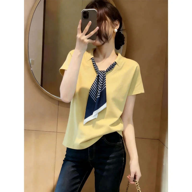 Contrast Lacing Plus Size Short Sleeve T Shirts New Summer V Neck Simplicity Elegant Tops Fashion Casual Women Clothing