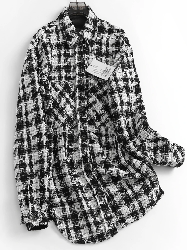 

Black and white plaid coat loose lapel single breasted spring new 2024 girls long sleeve all-match female coat