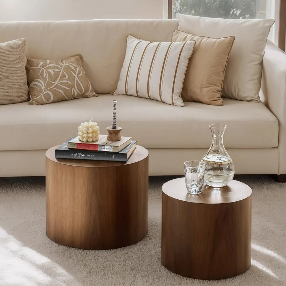 Nesting Coffee Table Set of 2, Modern Round Coffee Table with Non-Slip Feet, Walnut Wooden Circle Accent Tables for  Living Room