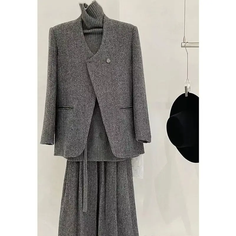 Alta qualidade feminino escritório cinza tweed terno casaco e meia saia outono recém chegados chique commute elegante conjunto de duas peças