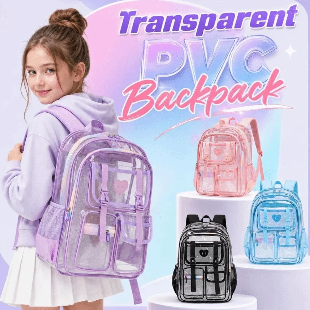 Multi Pocket Clear Backpack Zippered Large Capacity Transparent Bookbag Lightweight Waterproof PVC School Bag School,Travel,Gym