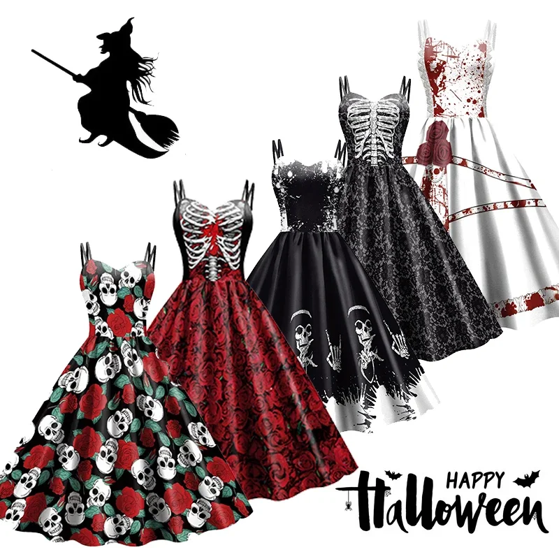 2024 Halloween Cosplay dark Black Rose Skull Dress Women Costume Sleeveless Vintage Party Dresses Skull Witch Scary Clothings