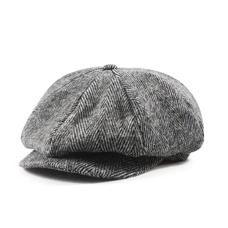 Mens Eight Panel Newsboy Hat Herringbone Wool Blend Flat Cap Vintage British Baker Boy Style Autumn Winter Warm Casual Outdoor