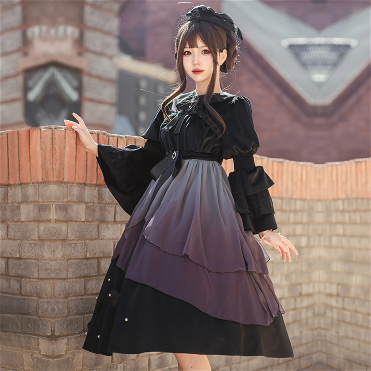 Japoński słodki styl Lolita Cute Girls Cosplay Op Ribbon Bowknot Cameo Pearls Puff Sleeve Lace Butterfly Ruffle Elegant Dress