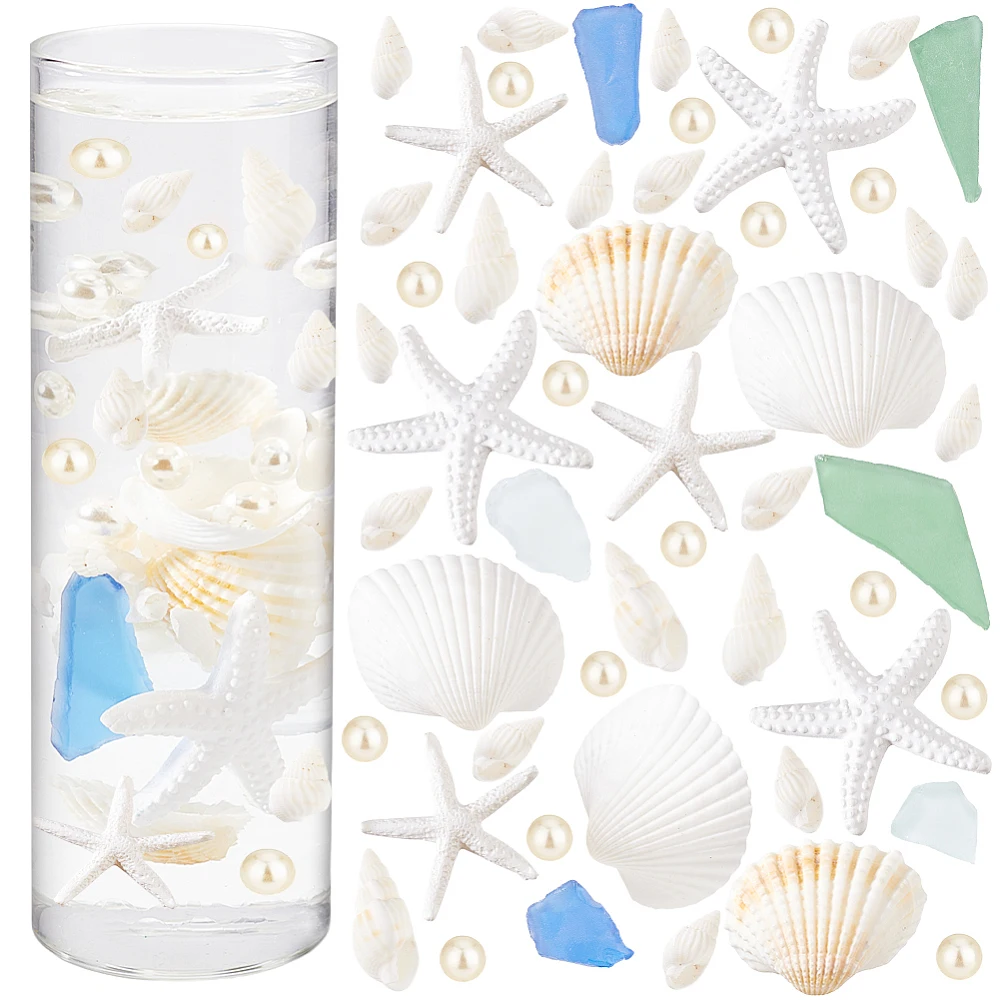 313pcs Mixed Seashell Vase Filler Floating Beads Sea Shells Conch Starfish Pearl Seashells Crafts Frosted Glass Block for Table