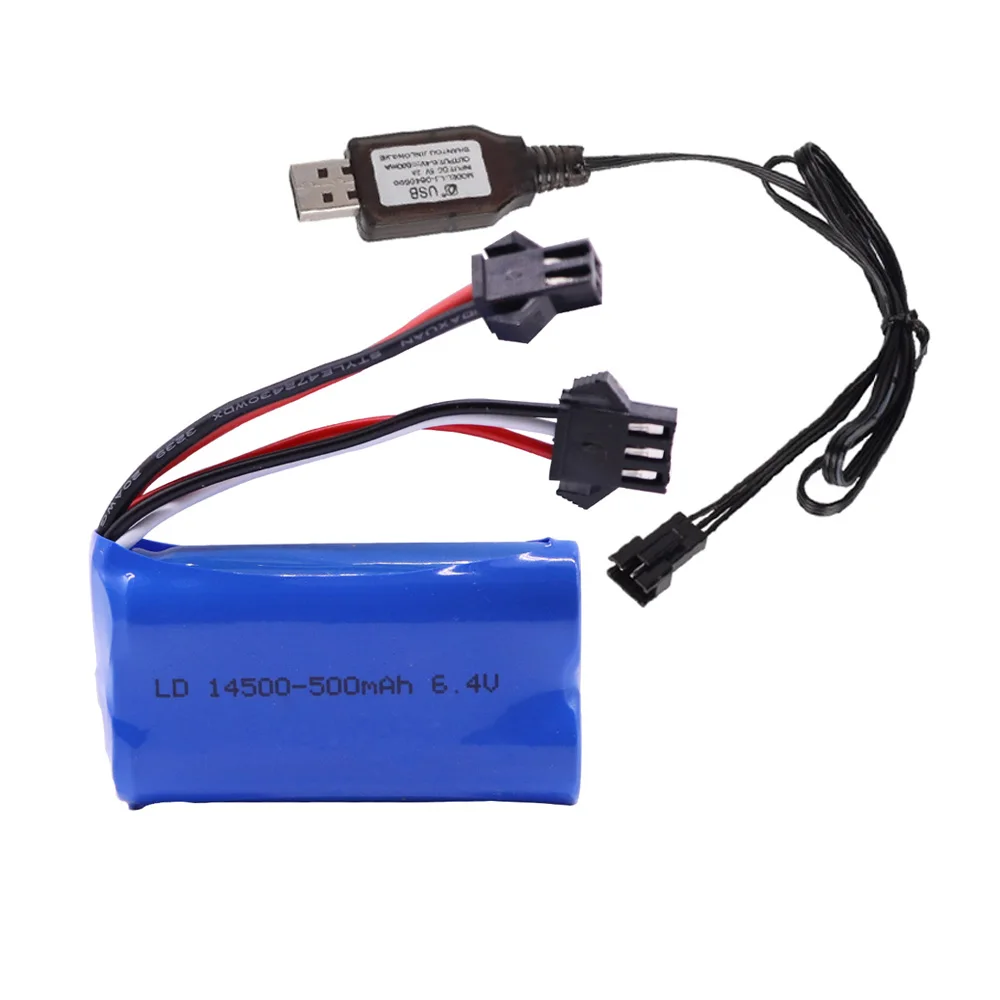 6.4V 500mAh 14500 리튬 이온 배터리 + 충전기, WLTOYS 18401/02 4 드라이브 고속 클라이밍 오프로드 레이싱 XQWR14 HBX 2098B RC 자동차용