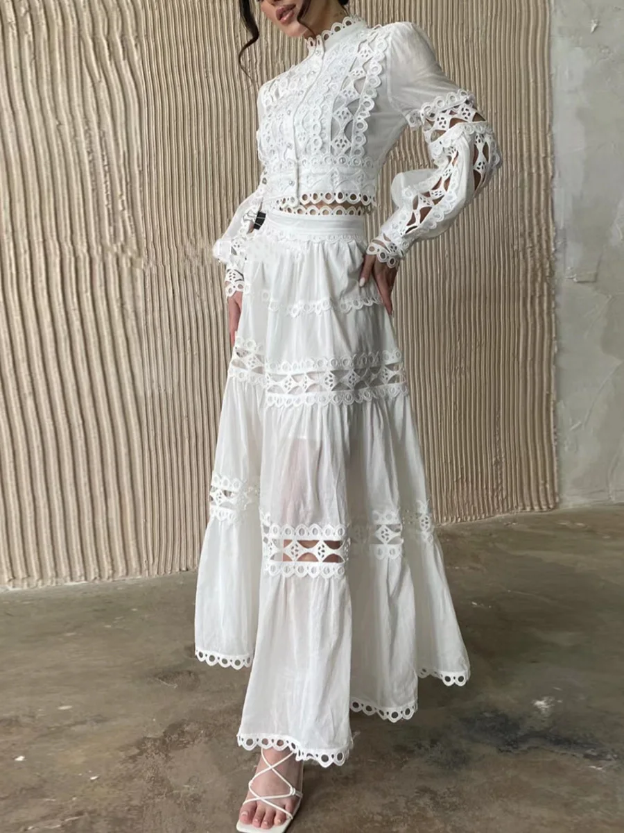 New French style retro court style niche women's suit Lace lace princess sleeve solid color suit