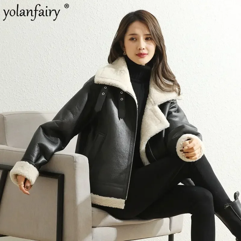 

Winter Jacekt Women Natural Sheep Fur Coat Women's Short B3 Flight Suit Lamb Hair Motorcycle Coats Loose Leather Clothes Abrigos