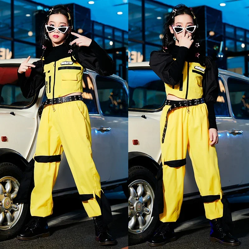 Kids Cool Hip Hop Clothing Girls Jazz Dance Costume Yellow Top Cargo Pants Children Rave Outfit Stage Performance Wear DWY9688