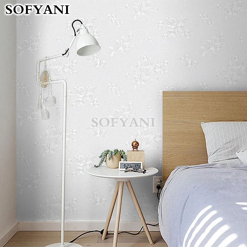 White rose 3D solid color pattern bedroom background wall vinyl self-adhesive roll wallpaper bedroom wall film home decoration