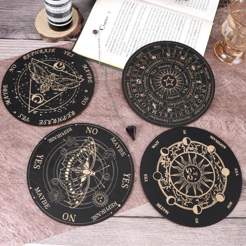 Tablero de péndulo de madera, placa Carven de energía de adivinación de luna y estrella, tabla de meditación curativa, adornos metafísicos, tablero de Ouija de Altar