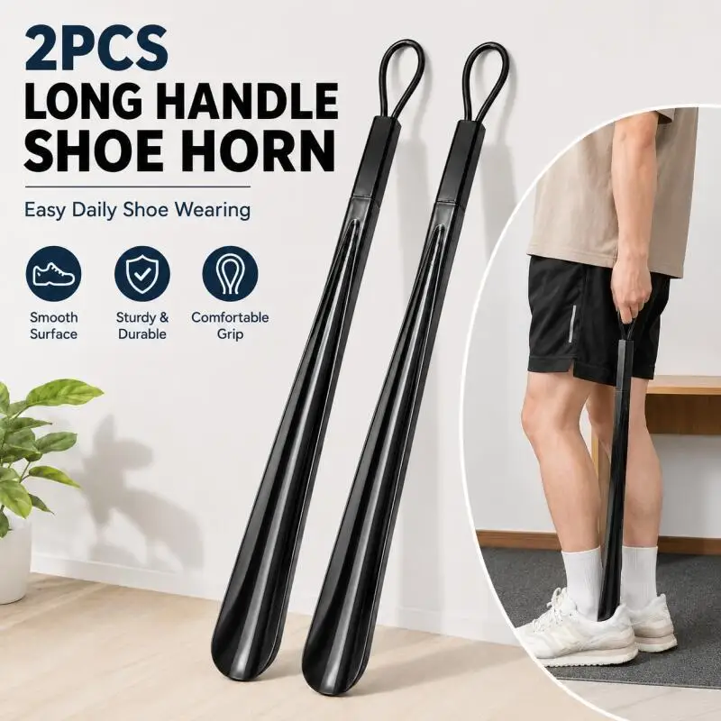 2PCS Long Handle Shoe Horns with Hanging Loop, Easy Reach Shoe Helper for Home Entryway and Daily Use