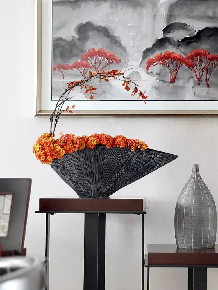 New Chinese retro vase flower arrangement set, living room desktop fiberglass fan-shaped simulation succulent floral soft