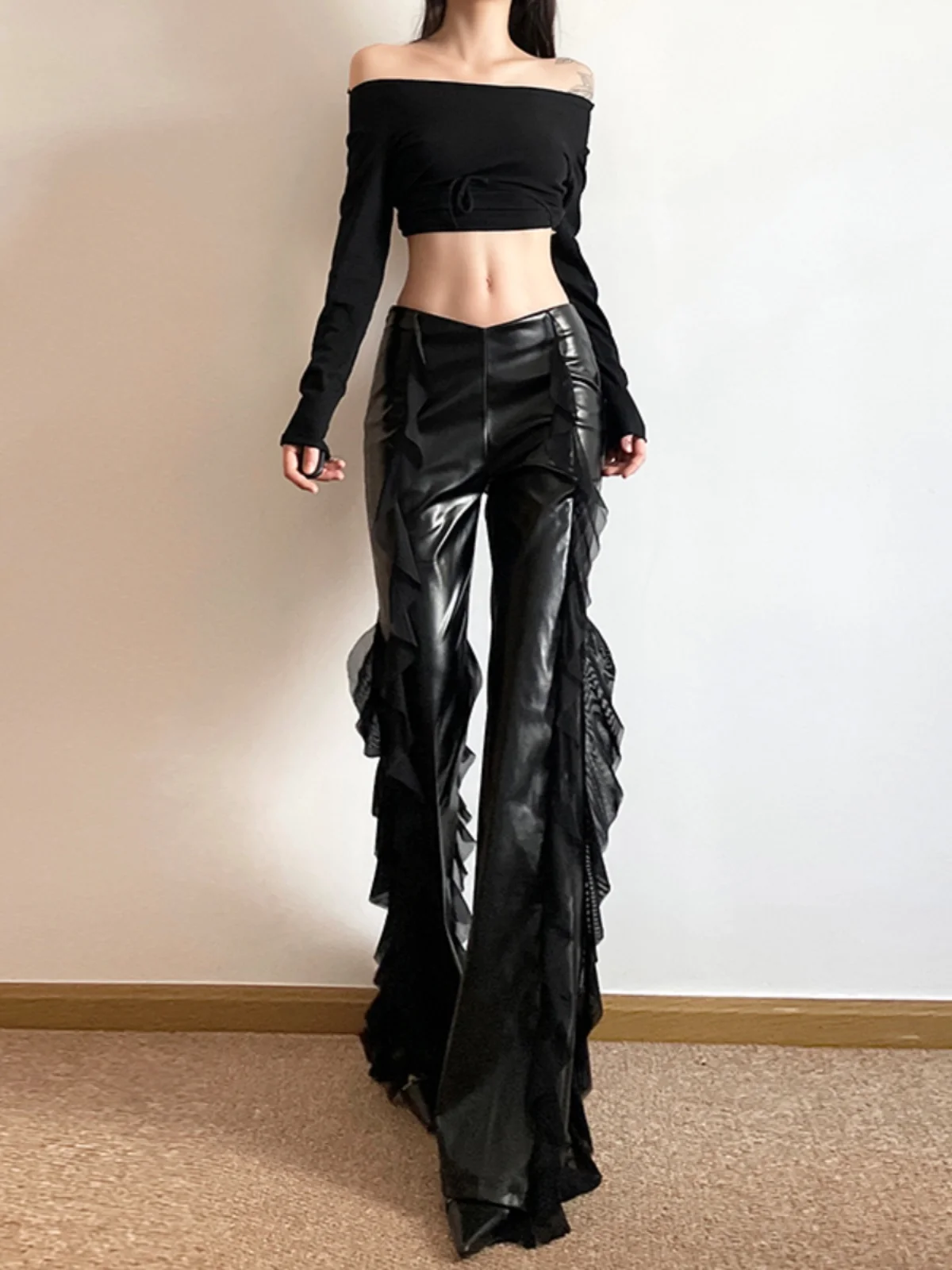 Gothic Street Sle Leather Pants for Women High Waist Tassel Detail Me Splicing Drapey Versatile Long Pants by Weird Puss