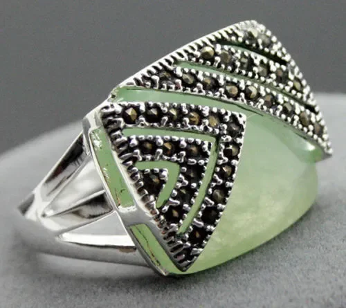 lady's fashion 14*15mm Square Natural Light Green jade Marcasite Ring Size 6/7/8/9