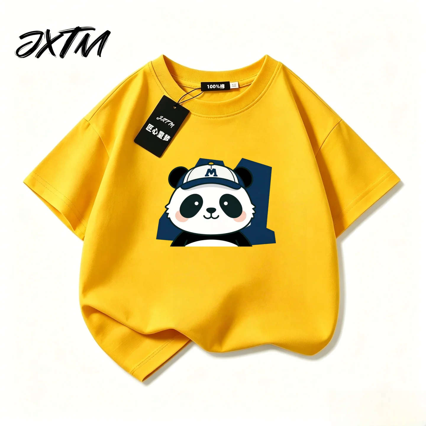 2026 New Panda Print Pure Cotton Short Sleeved Children's T-shirt Yellow Loose Trendy Children's Student Casual Top