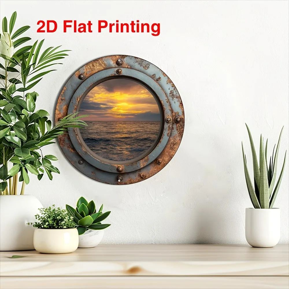 Aluminum Wall Decor Bohemian Sea View Round Art for Home Garden Kitchen, 2D Flat Window 8x8 Inch