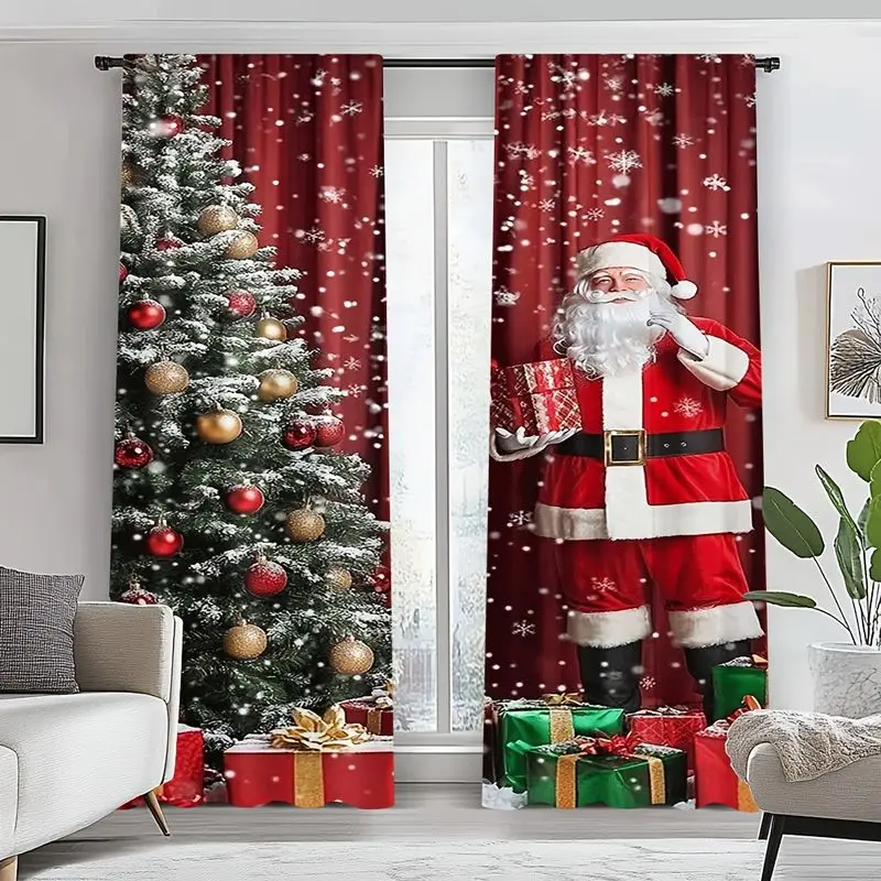 VIKAMA Santa Claus Christmas Curtain With Xmas Tree And Gift Boxes Snowflake Window Curtain For Living Room Festive Home Decor