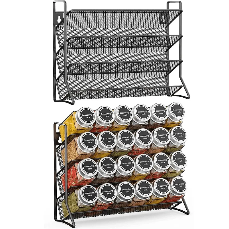 

2 Pack Metal Spice Organizer Rack Free Standing & Wall-Mount Seasoning Jars Shelf hold 24 Spice Jars for Kitchen,Black