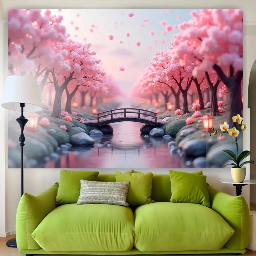 1PC Digital Print Tapestry Wall Hanging, Cherry Blossom Bridge Japanese Scene, Sakura Spring Oriental Scenery Wall Art Decor