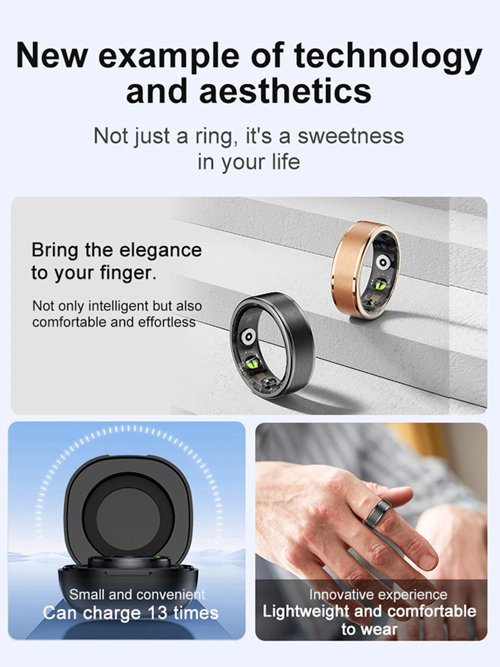 Anello intelligente per uomo donna, monitoraggio della salute del sonno della frequenza cardiaca, impermeabile IP68 e 5 ATM, modalità multi-sport, batteria a lunga durata