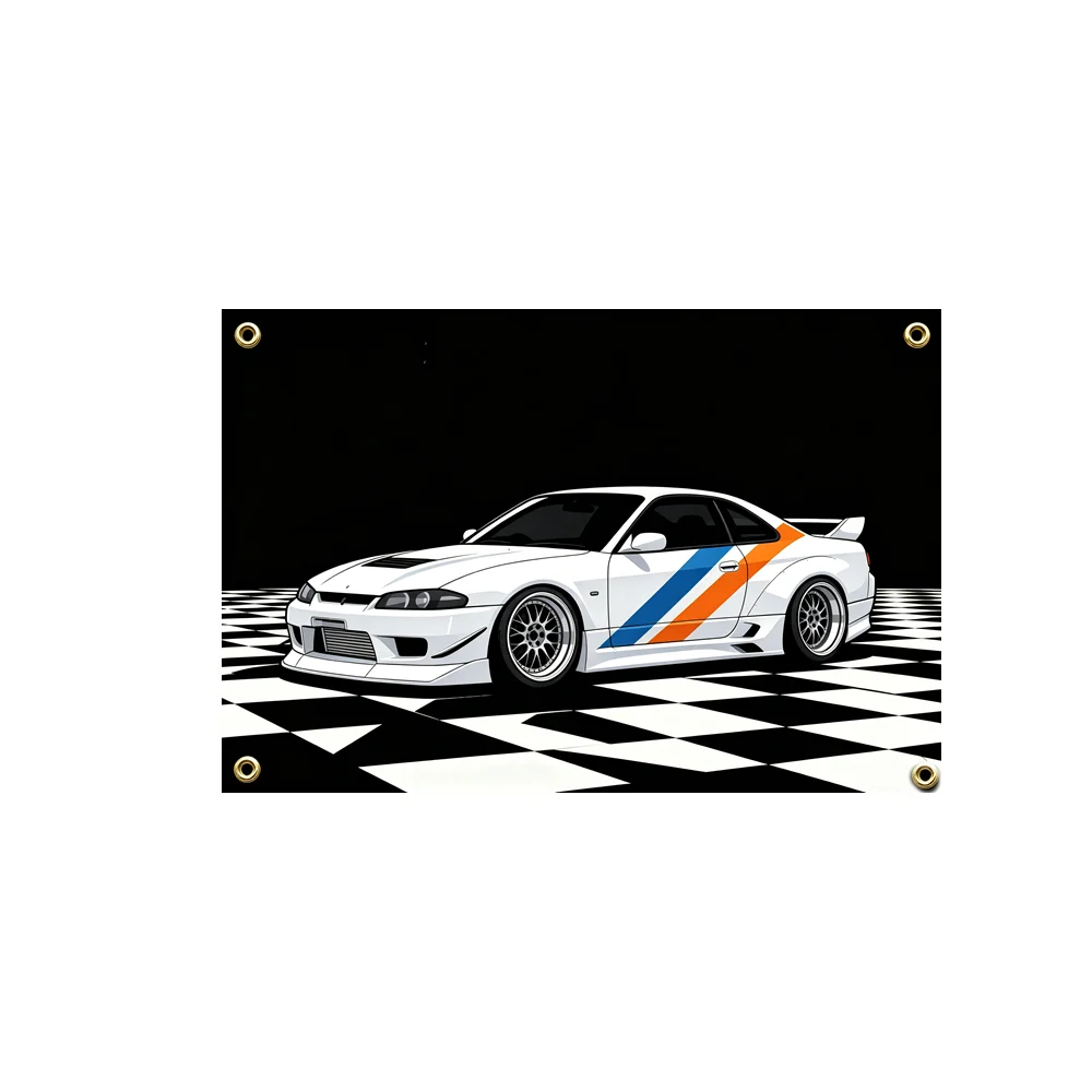 JDM Style Widebody Drift Coupe Flag 2x3ft 3x5ft with Blue Orange Diagonal Stripes Polyester Banner Wall Decor for Garage