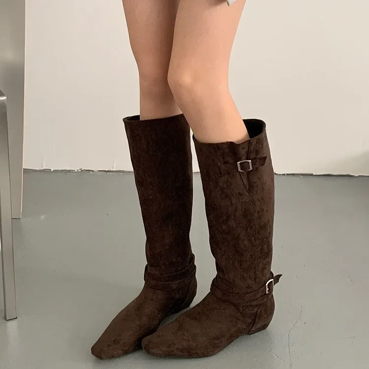 

Aneikeh Роскошные женские сапоги, зимние сапоги до колена с острым носком, женские длинные ботильоны на низком каблуке в стиле панк с пряжкой и ремешком, Zapatos De Mujer