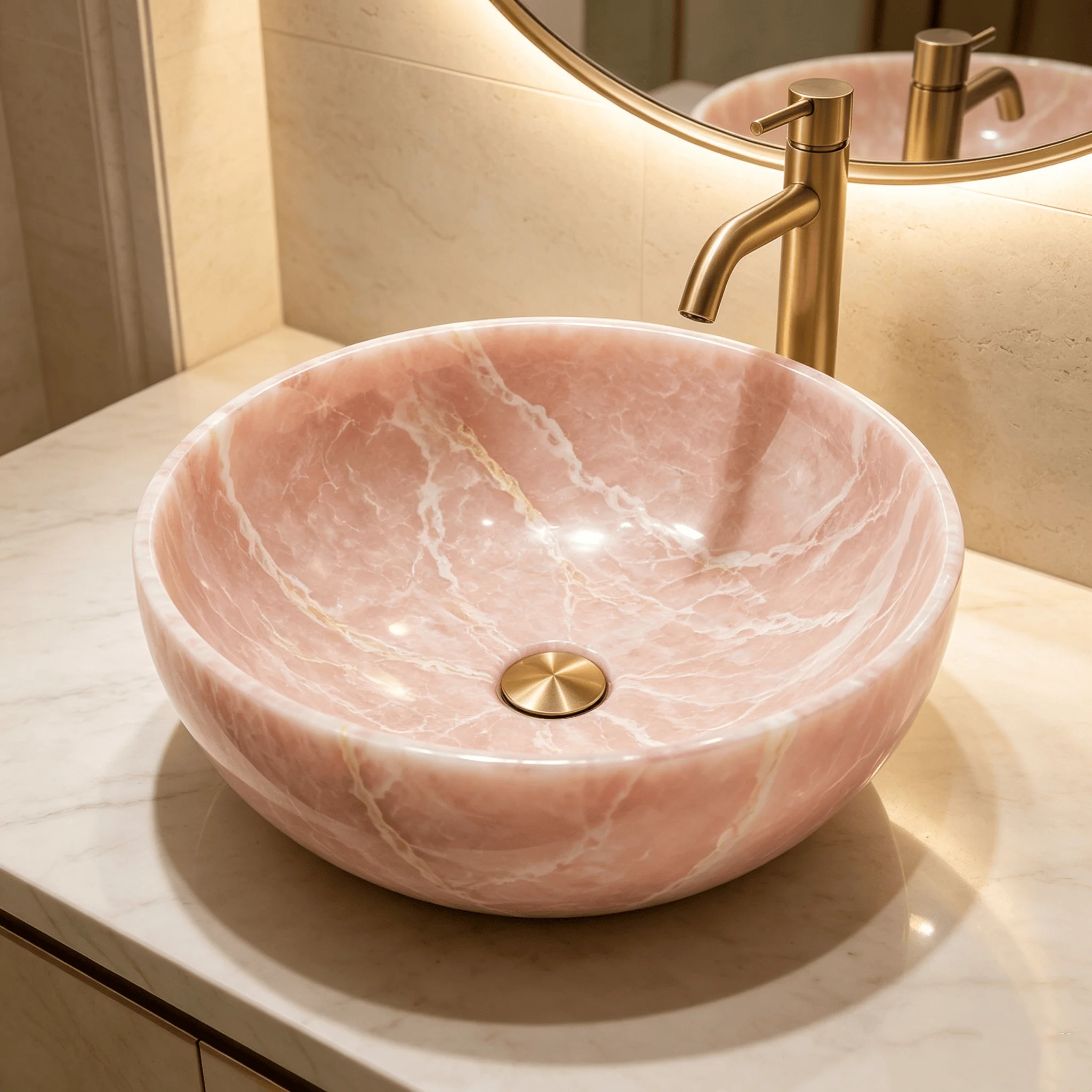 Luxury Pink Onyx Effect Acrylic Solid Surface Round Vessel Sink Custom Bathroom Countertop Wash Basin