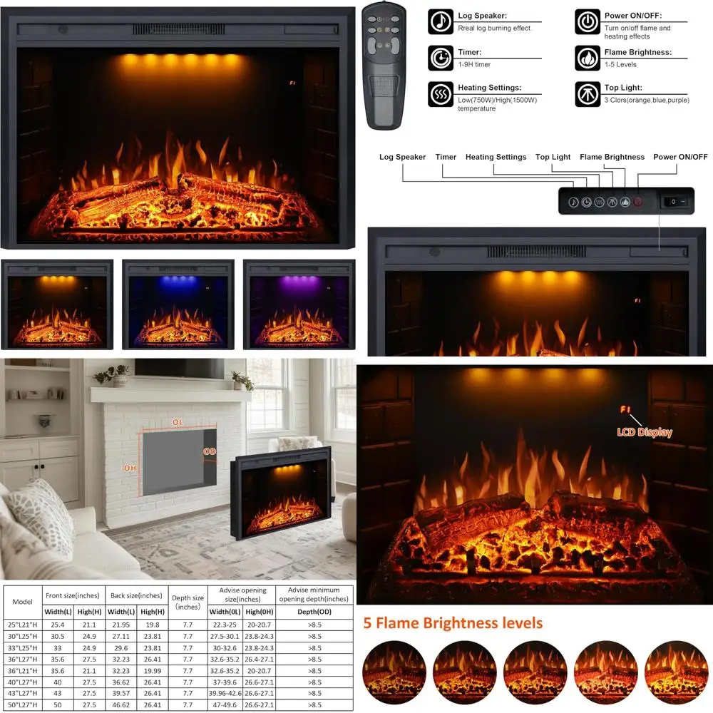 

40-дюймовая электрическая каминная вставка с защитой от перегрева и звуком потрескивания огня