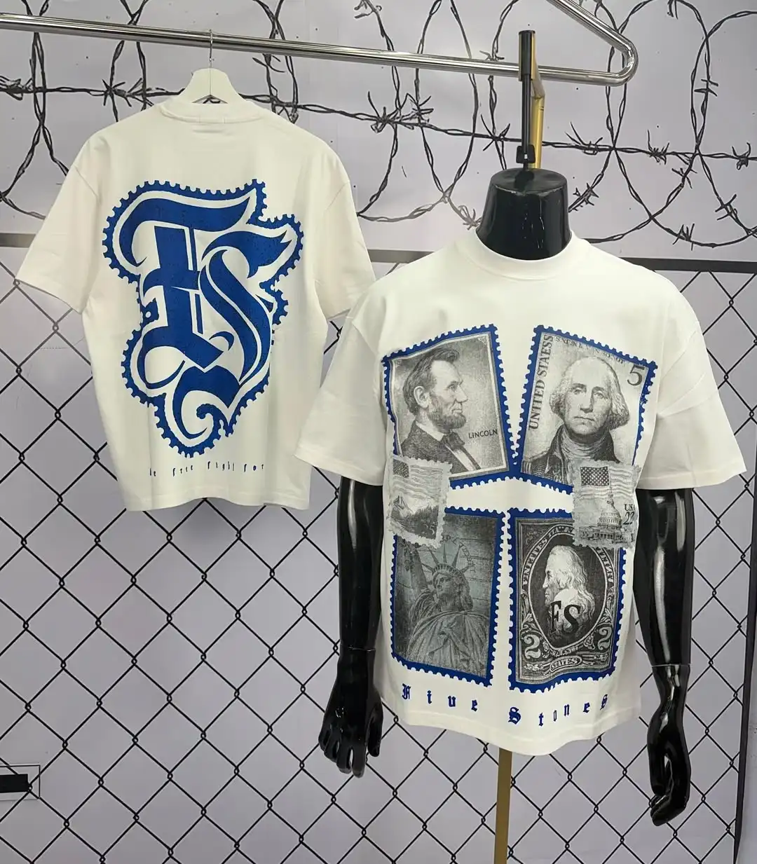 Y2K bedrucktes T-Shirt für Herren, weiß, Retro-Hip-Hop, High-Street, Allround-T-Shirt mit Freiheitsstatue-Muster, Kurzarm-Shirt – Detail 1