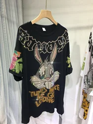 Camisetas de conejo de diamantes de imitación de lujo para mujer, camiseta de manga corta holgada de verano, ropa Grunge linda de talla grande