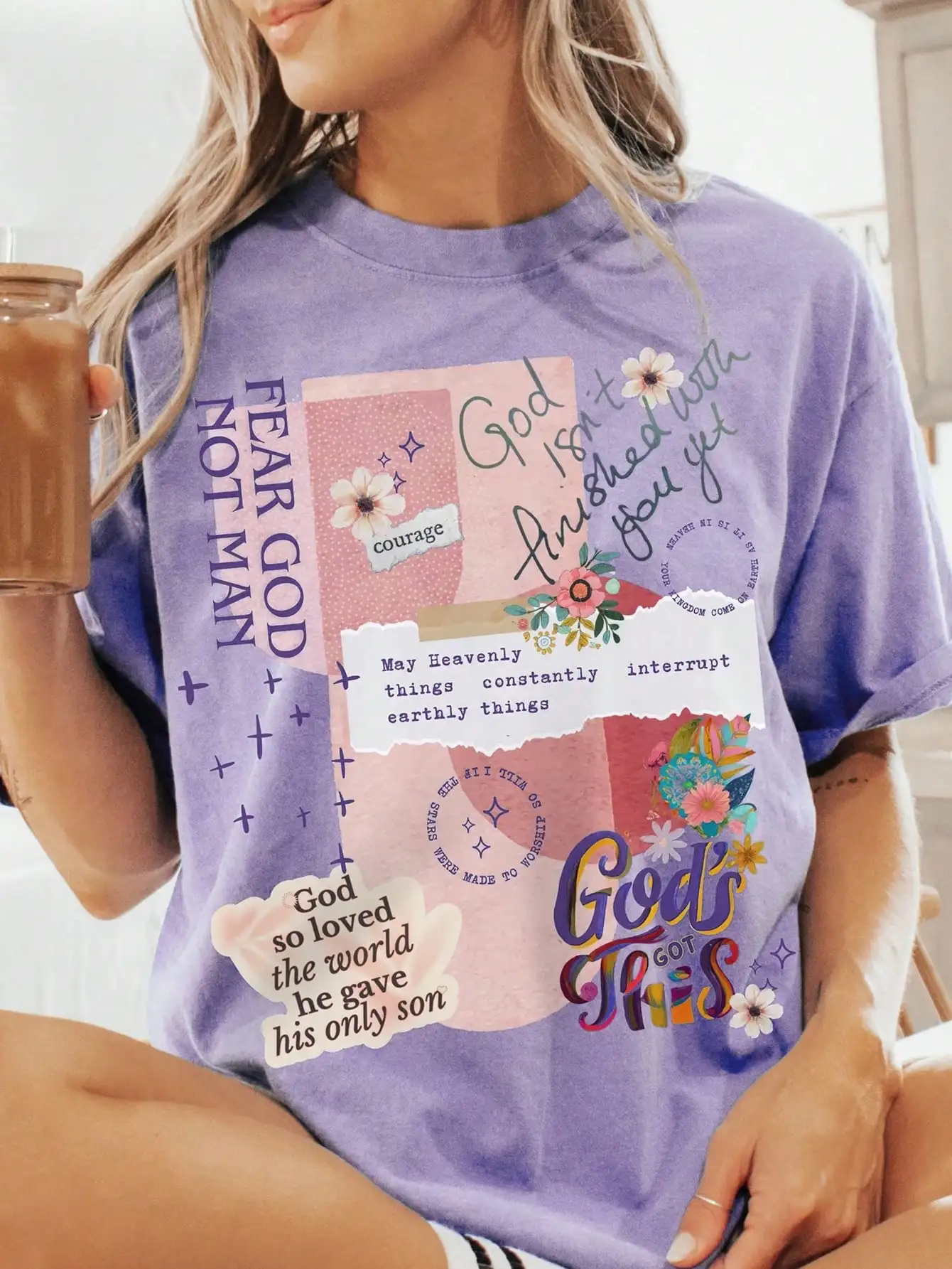 

Christian Graphic T-Shirt for Women, God Ain't Finished With Me Yet, Floral Collage Design, Vintage Faith Tee