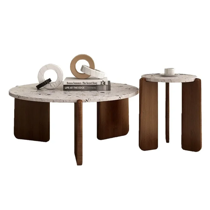 French light luxury terrazzo coffee table small apartment round small size slate simple modern household living room European