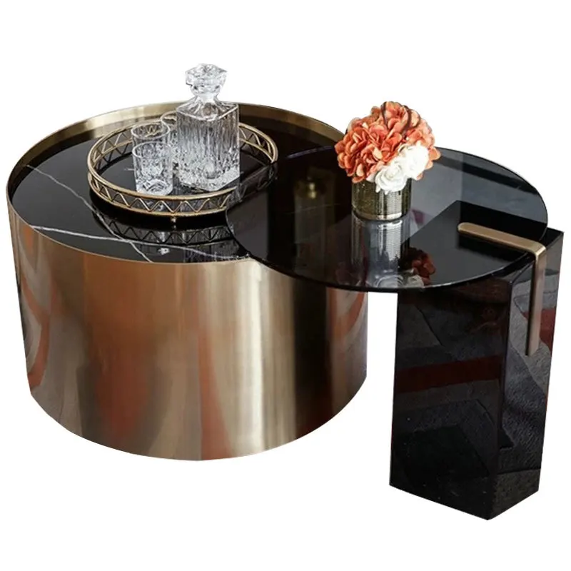 

American light luxury stainless steel coffee table, marble round table, tempered glass small side table