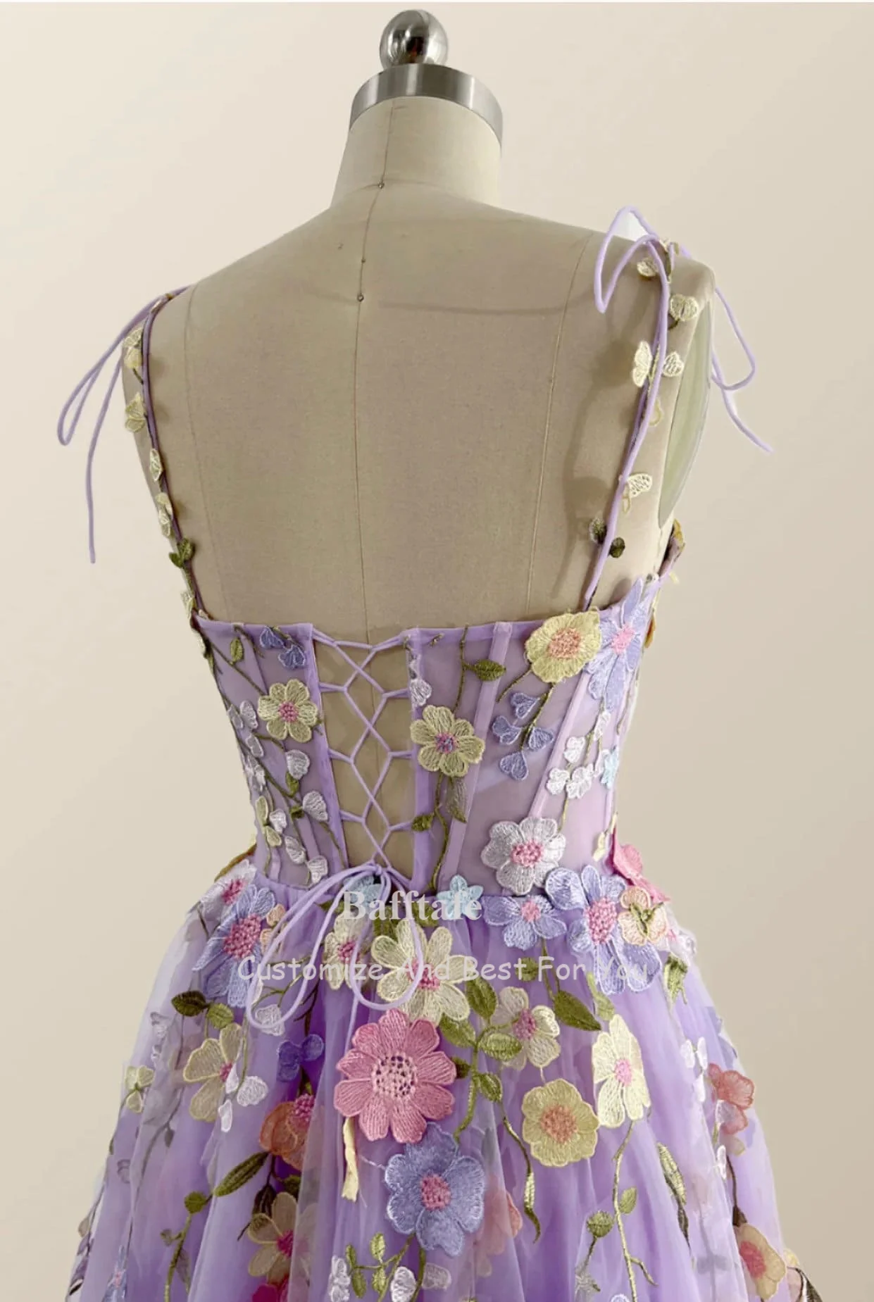 Bafftafe Lavender Floral Short Prom Dresses Corset Fitted Bones Embroidery Straps Party Dresses Formal Occasion Gowns Customized