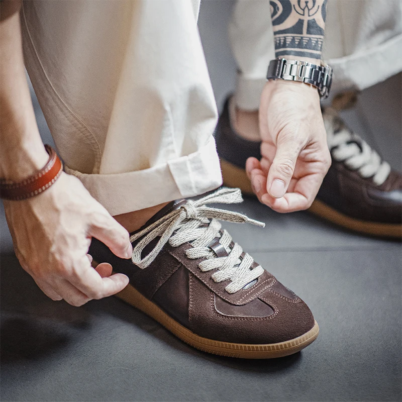 Galeskylee Maden New Brown Spliced German Trainer Shoes Flat Low-top Sneakers For Men's Autumn And Winter Casual Lace-up Shoes